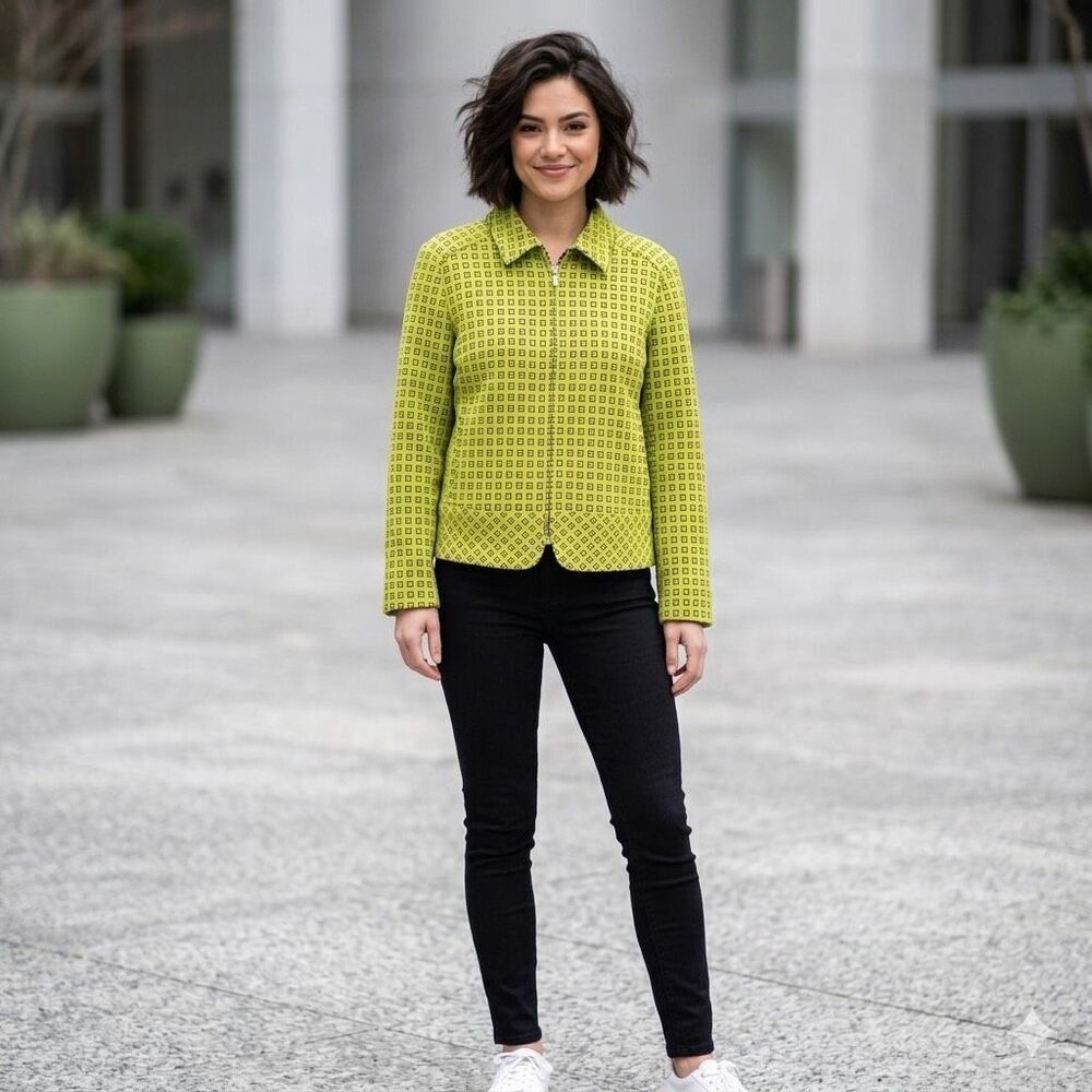 Erin London size XL bright green geo print jacket.